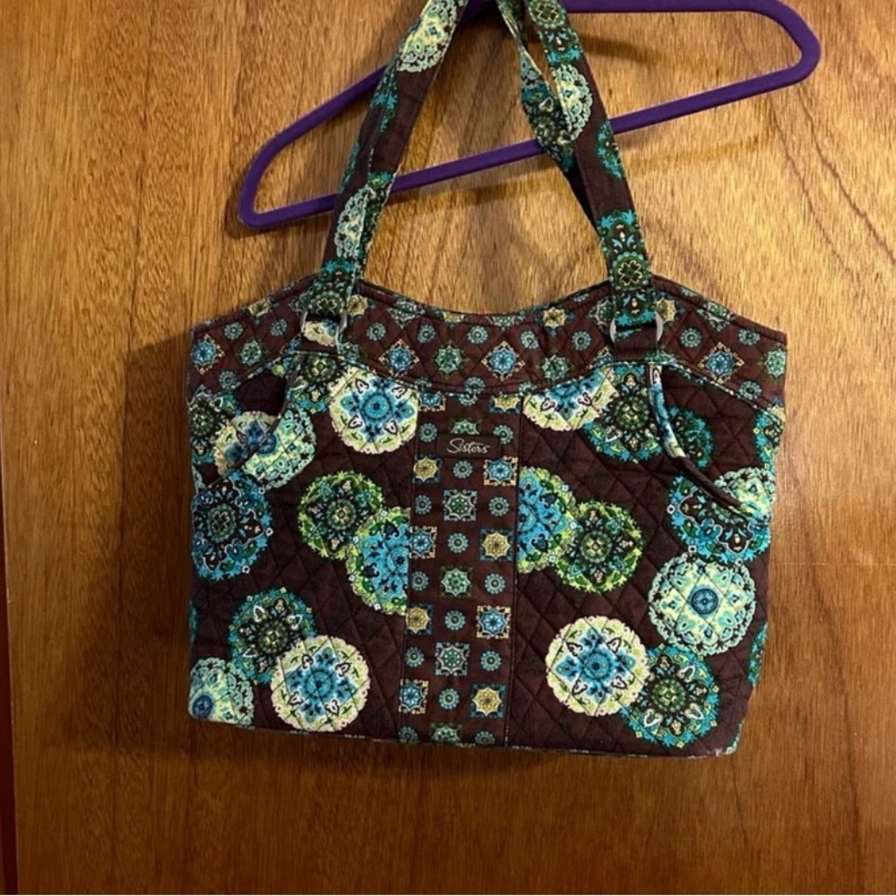 Longaberger Blue and Brown Quilted Tote Bag with Ornate Medallion Design